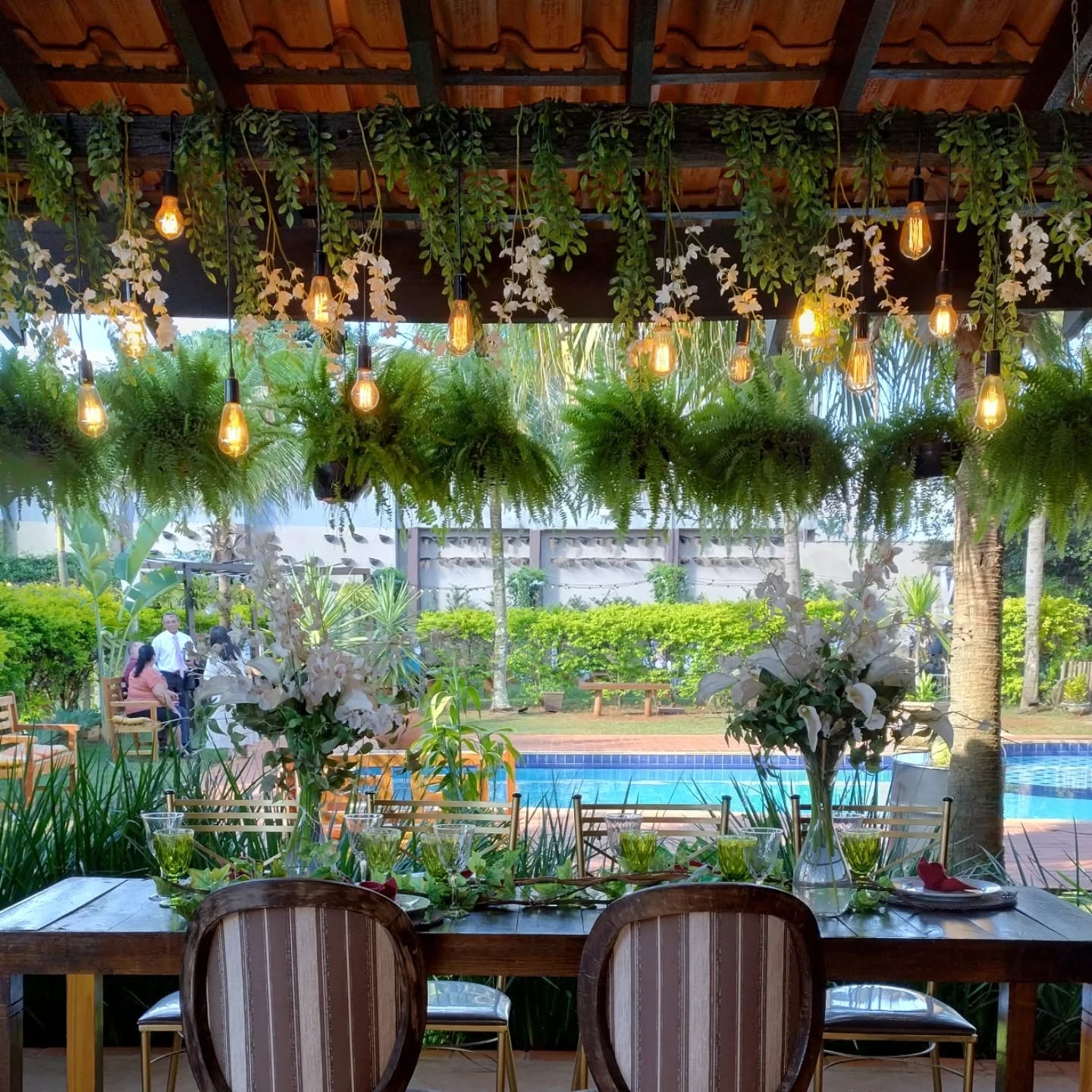 Vista da varanda coberta para a piscina, com folhagens suspensas e mesa à frente